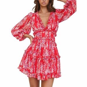 Selfie Leslie Laney Floral Tiered Dress Women M Red Ruffle Babydoll Cutout Back